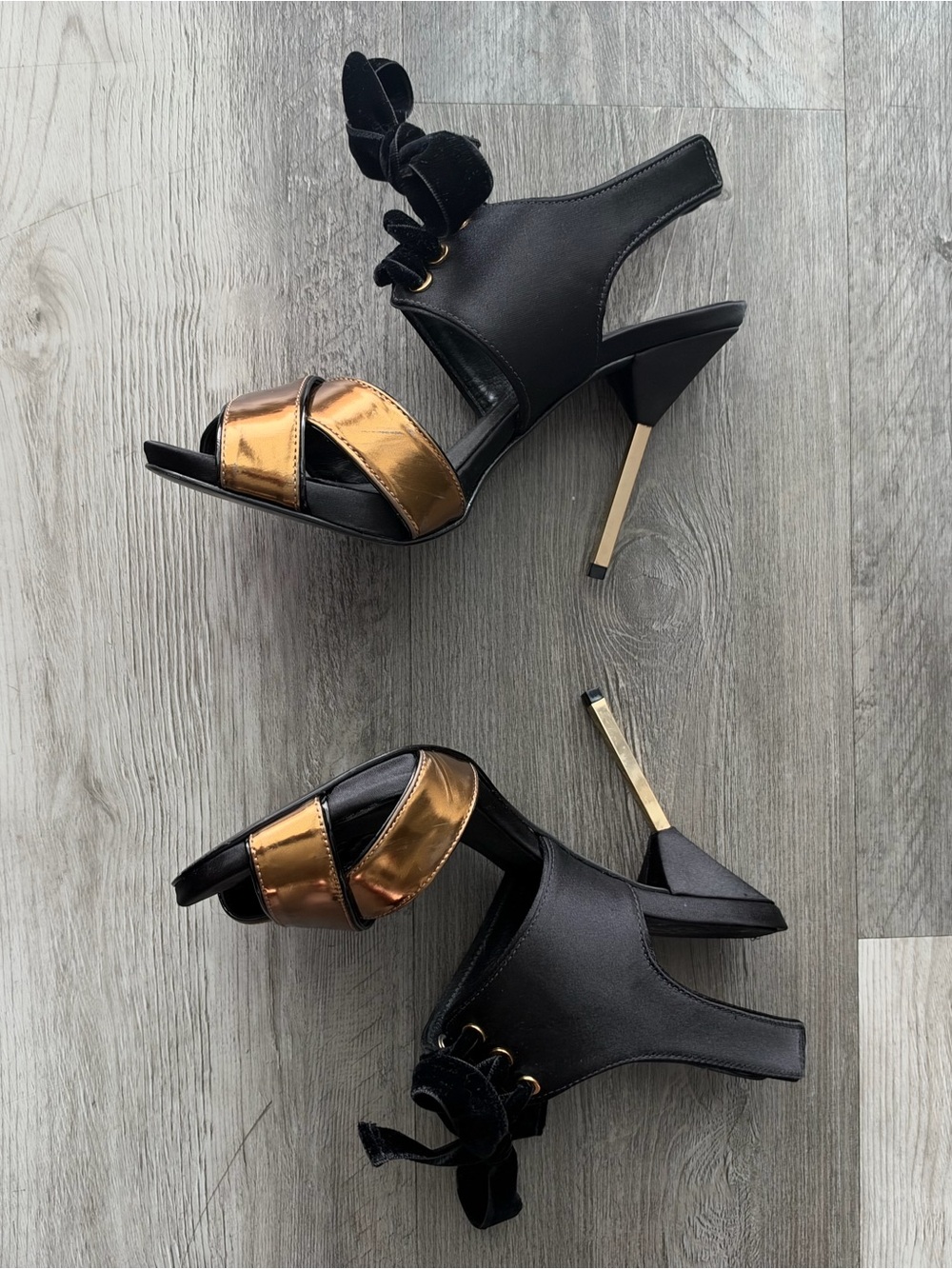 Tory Burch Black and Metallic Bronze Stiletto Sandals
